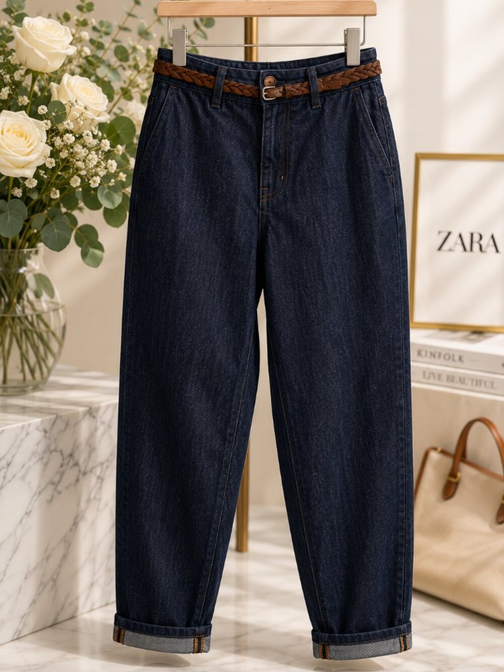 ZARA Dark Wash Denim Tapered Jeans High Rise Relaxed Straight Leg Size US 6